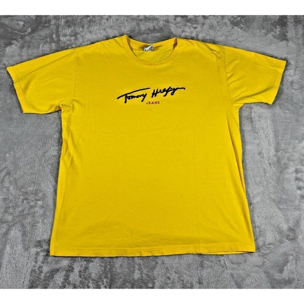 Vintage TOMMY HILFIGER Shirt Y2K Embroidered Script Logo Mens Sz. L Yellow Blue